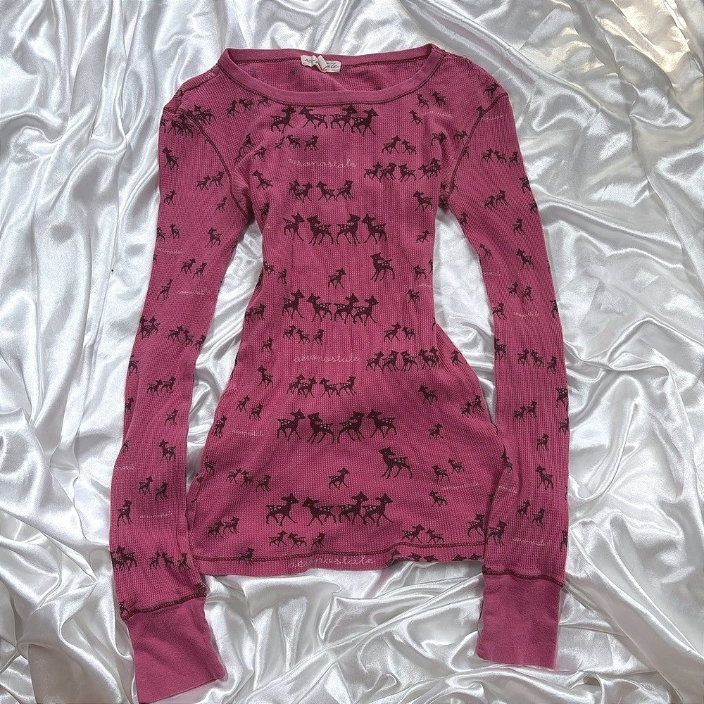 y2k Aeropostale Thermal Top Pink Excellent Deer Print Waffle Knit Long Sleeve